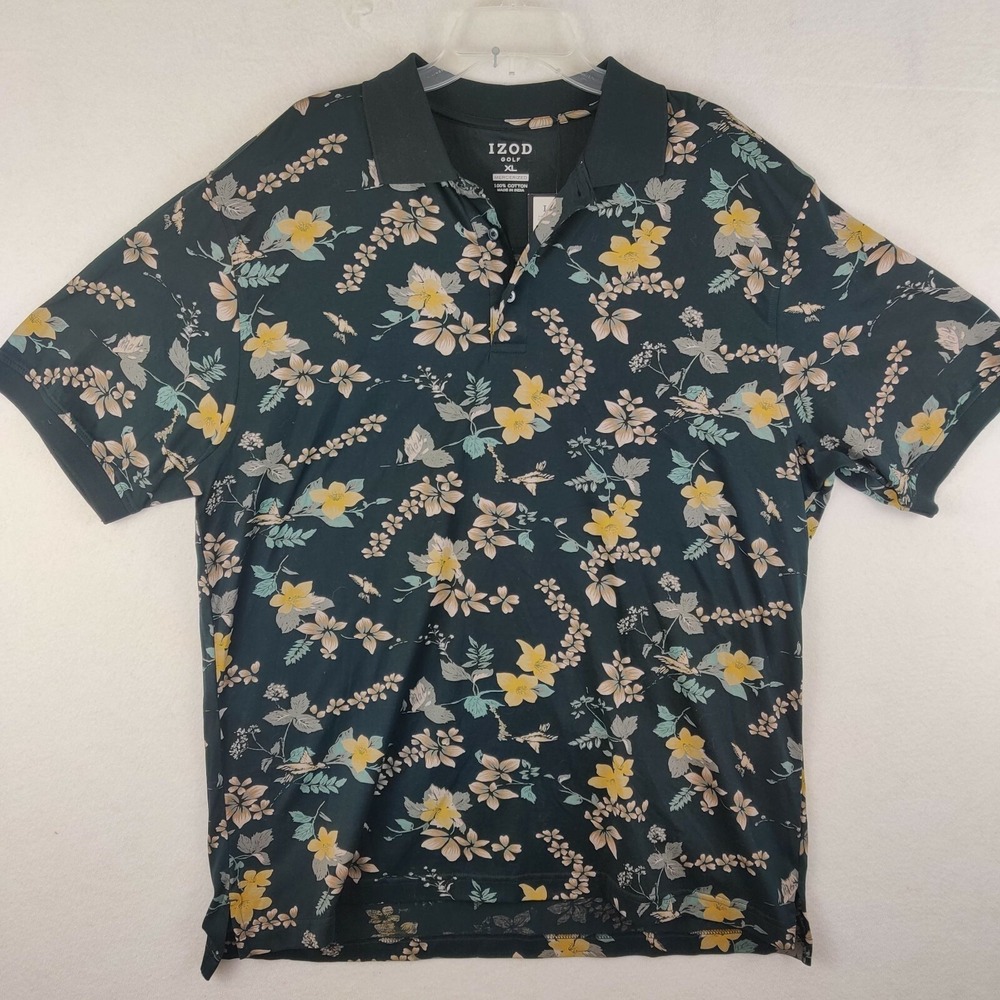 Izod Mens Large Black Floral Polo Golf Rugby Casual‎ Shirt